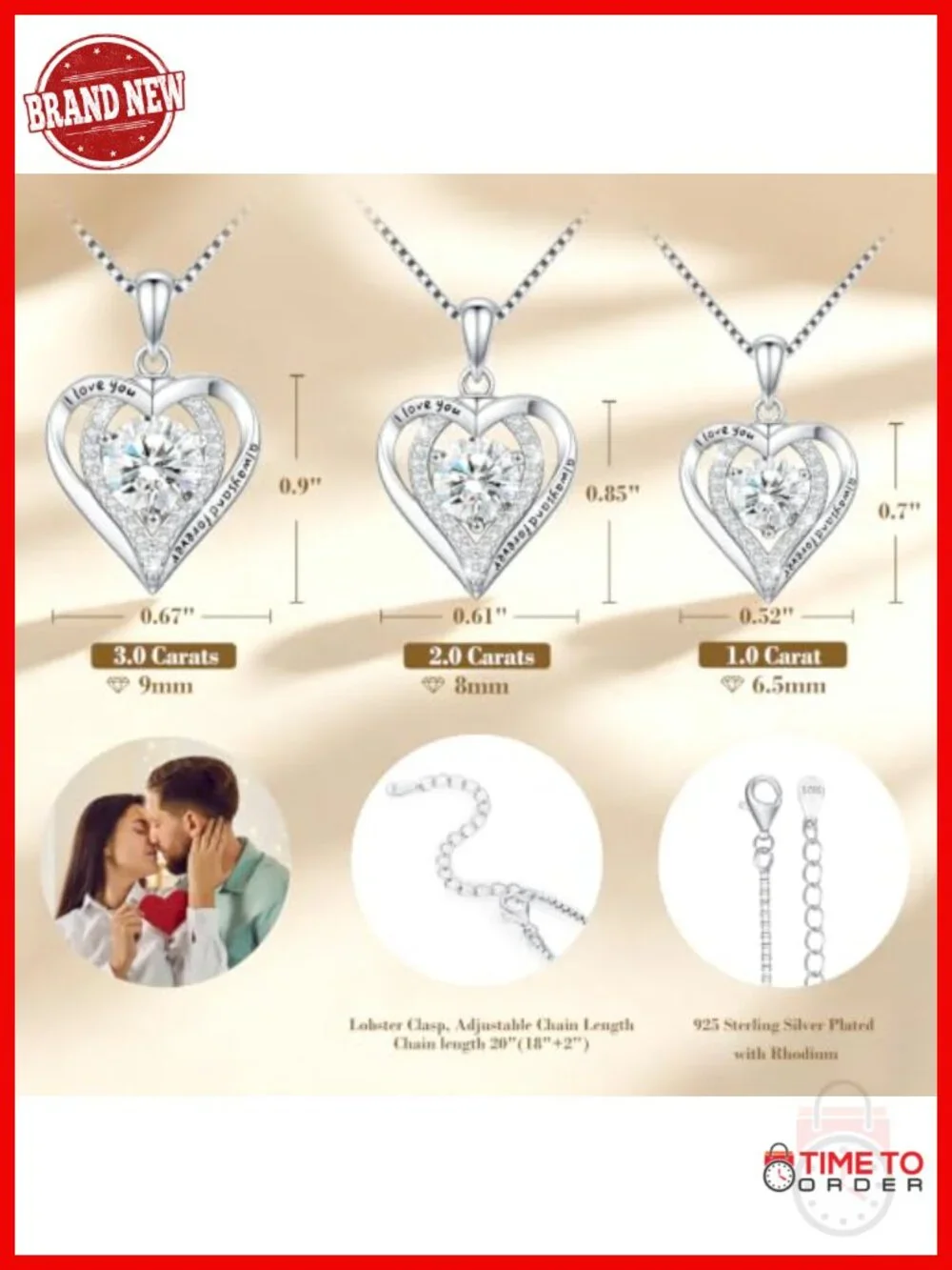1-3 Ct Heart Moissanite Pendant Necklace, 925 Sterling Silver, Rhodium Plated
